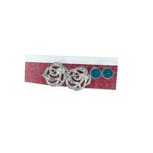 Silver Rose Earrings and Turquoise Blue Studs Set NWT